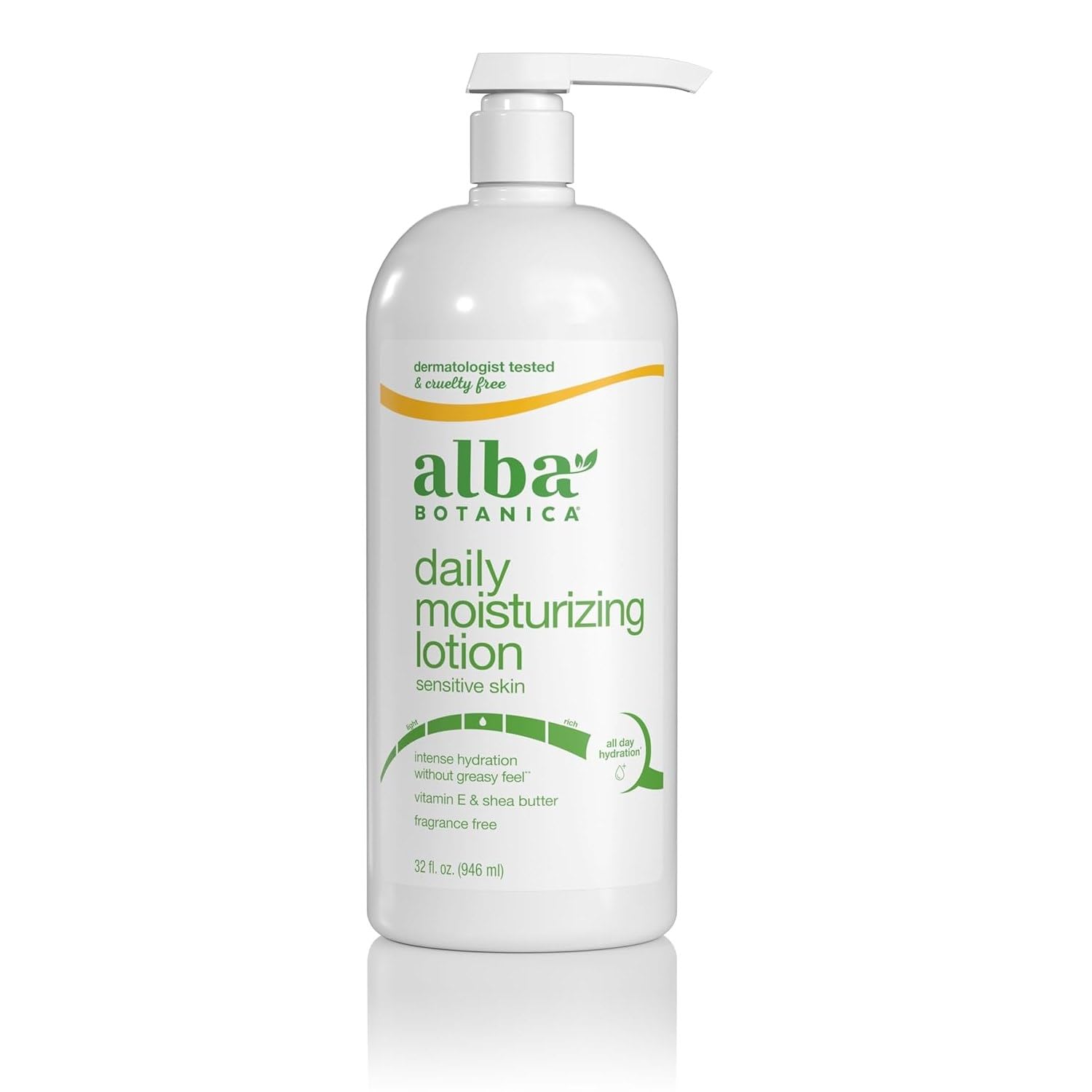 Alba Botanica Lotion Emollient Unscented front label highlighting hydrating, unscented formula.
