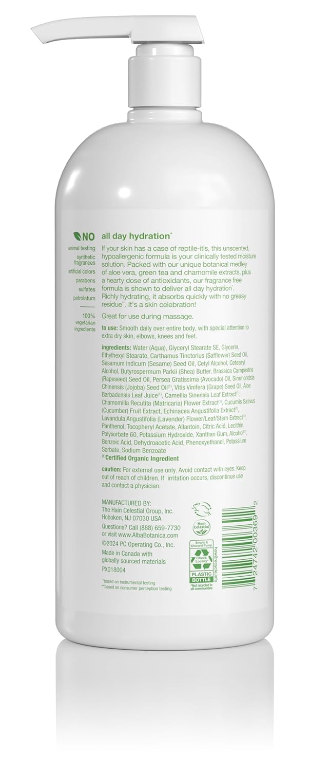 Alba Botanica lotion ingredients image featuring aloe vera, green tea, chamomile for hydration.