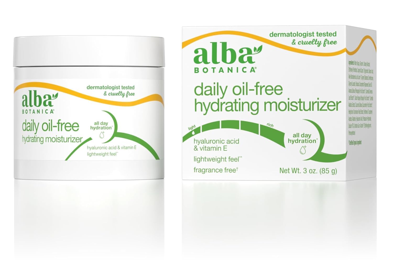 Alba Botanica Aloe & Green Tea Moisturizer pack shot highlights an oil-free daily hydrator.