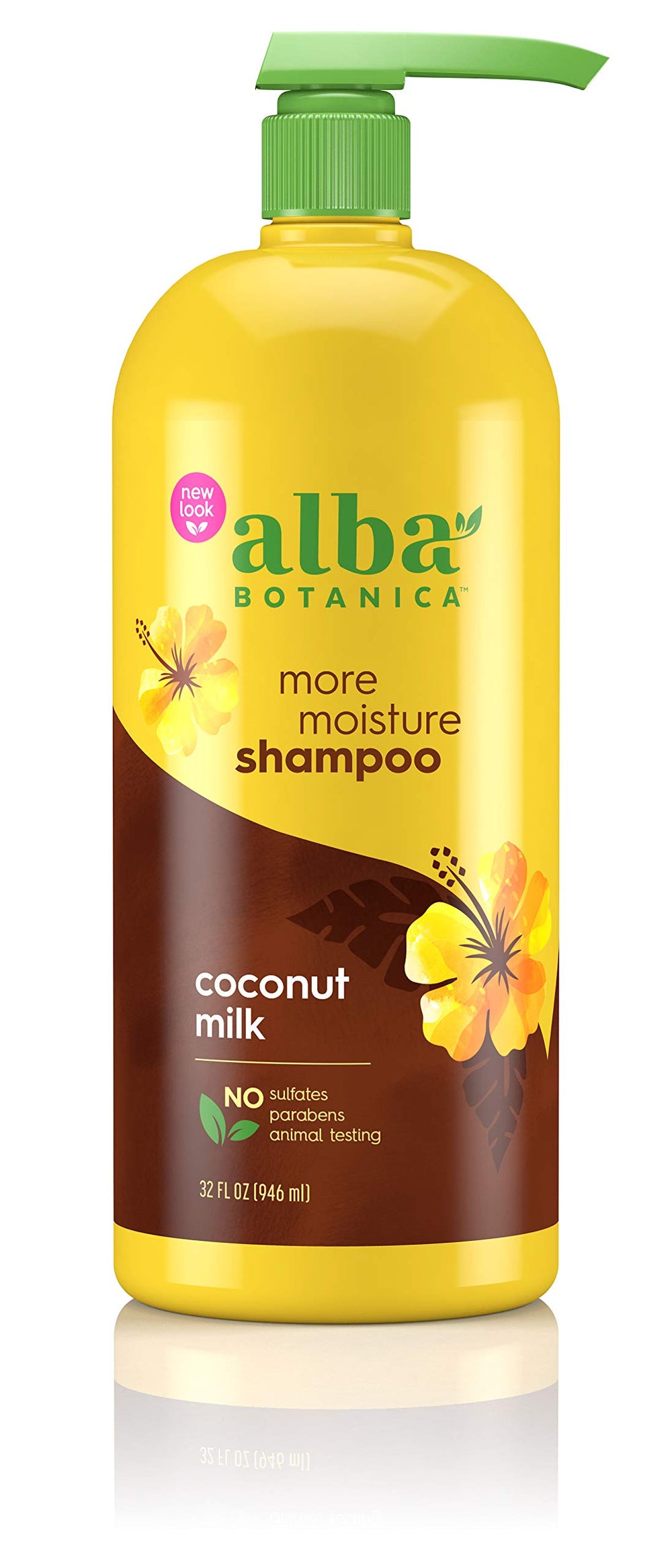 Alba Botanica More Moisture Coconut Milk Shampoo bottle showing the product on a clean counter, hydrating-care focus