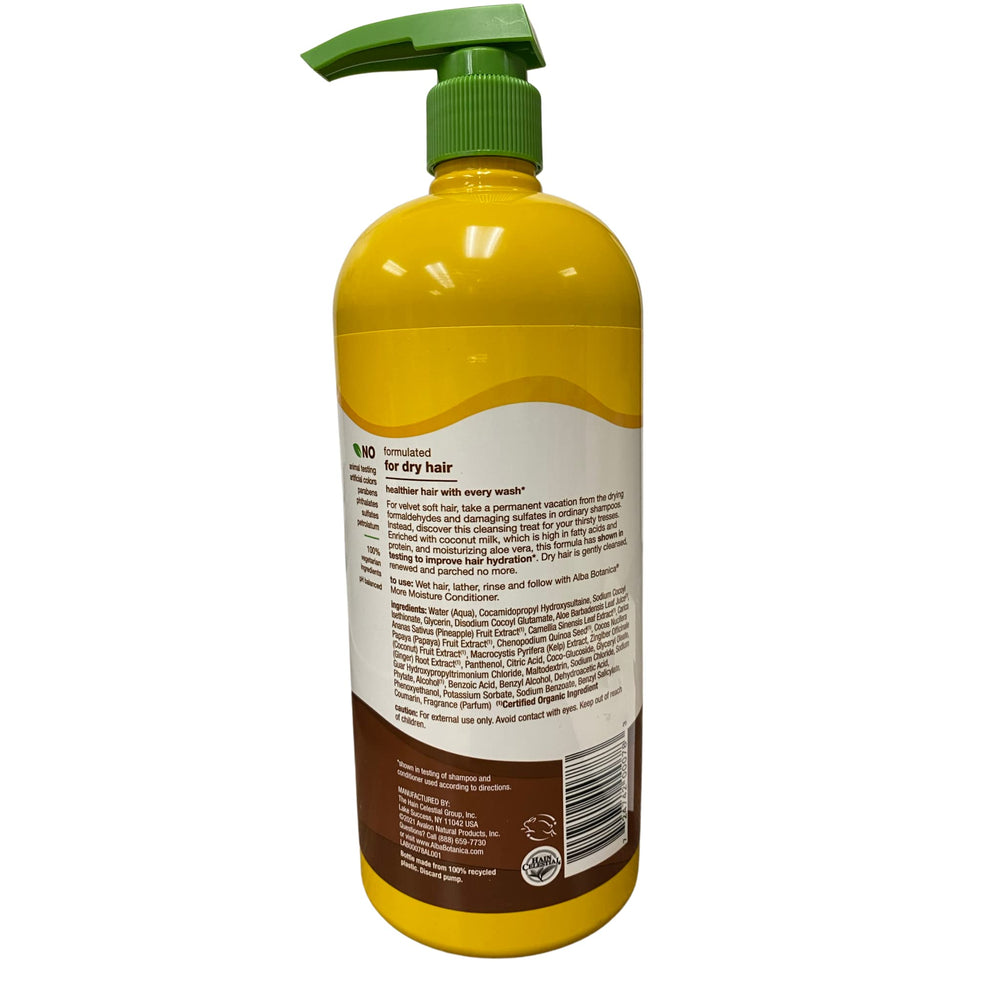 Alba Botanica shampoo label closeup shows cruelty-free and paraben-free promise.