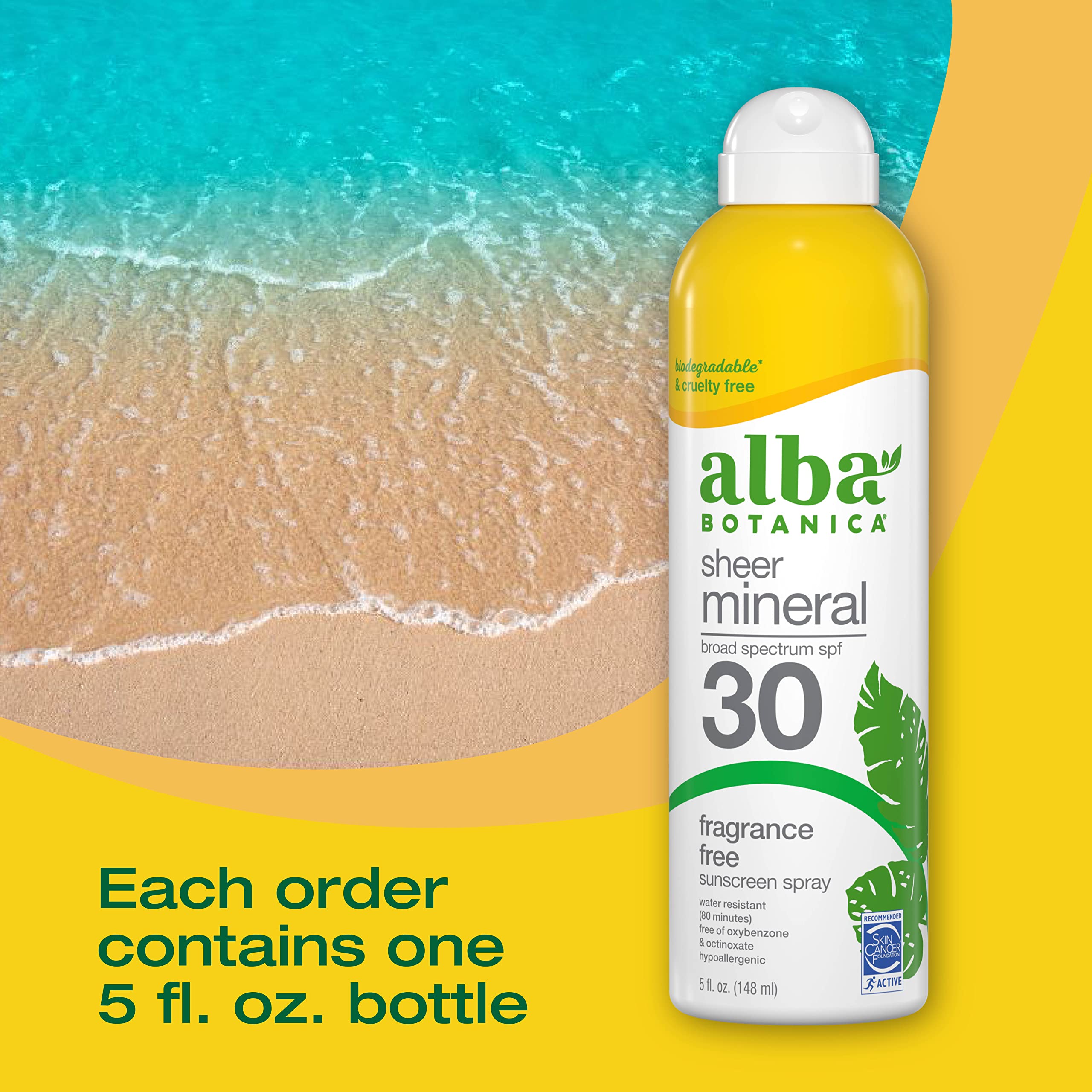 Alba Botanica water-resistant SPF 30 spray for outdoor activities.