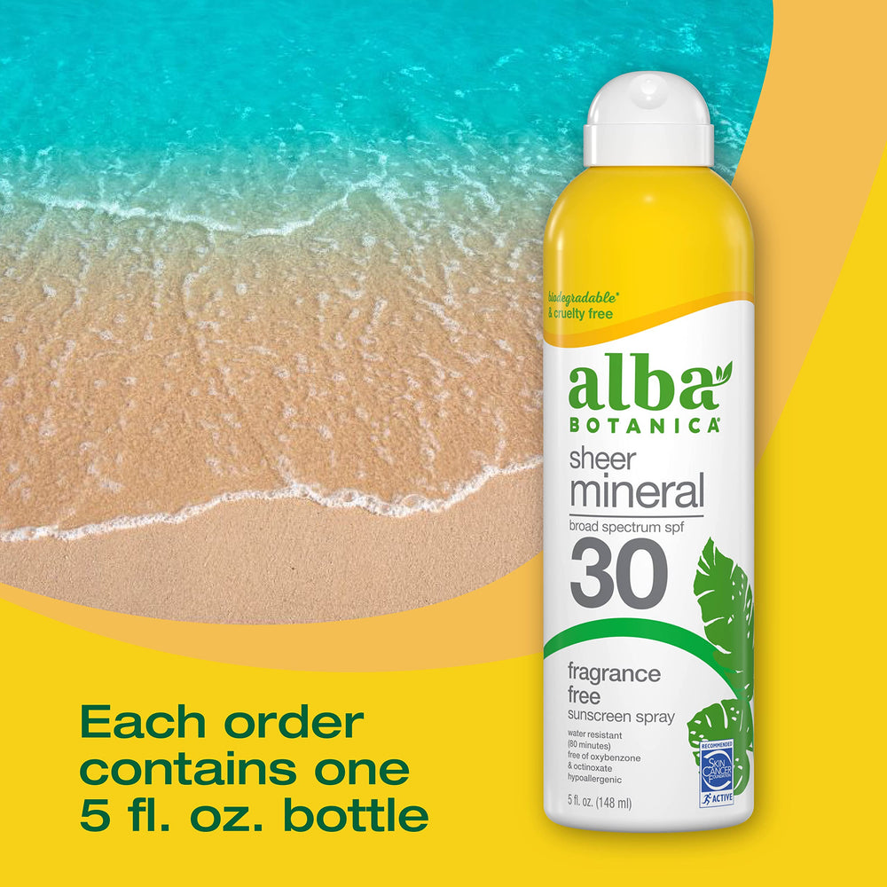 Alba Botanica water-resistant SPF 30 spray for outdoor activities.