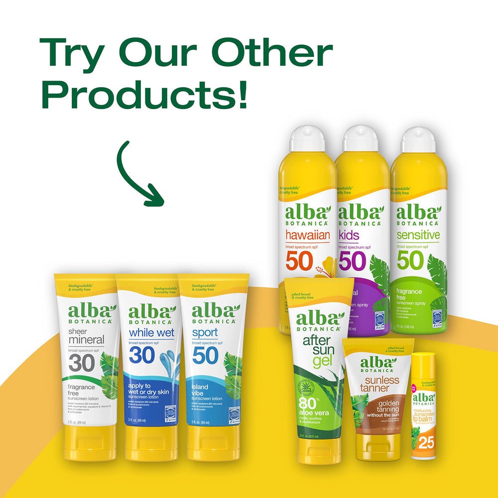 Tropical fruit scented Alba Botanica Sun Care range for kids.