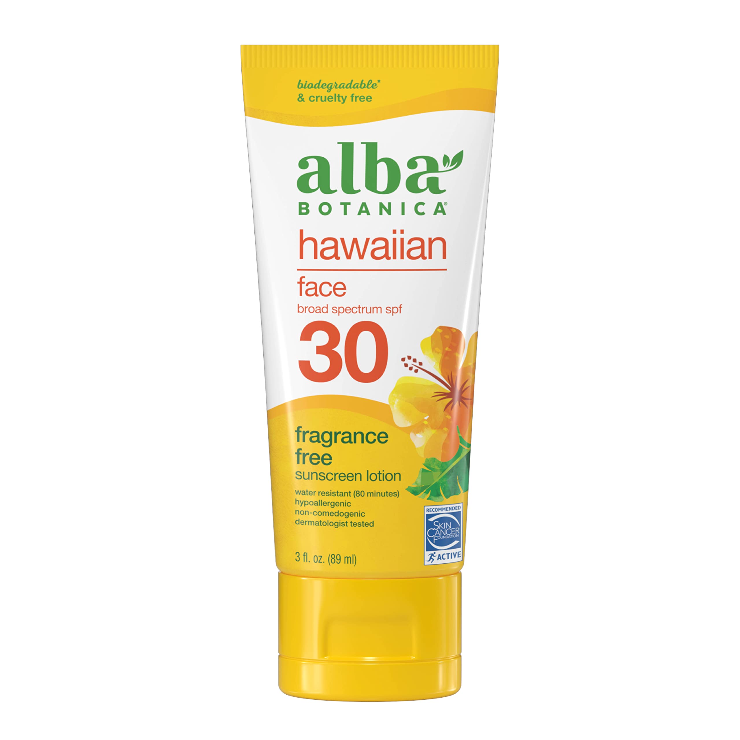Alba Botanica fragrance-free SPF 30 face sunscreen bottle for daily protection.