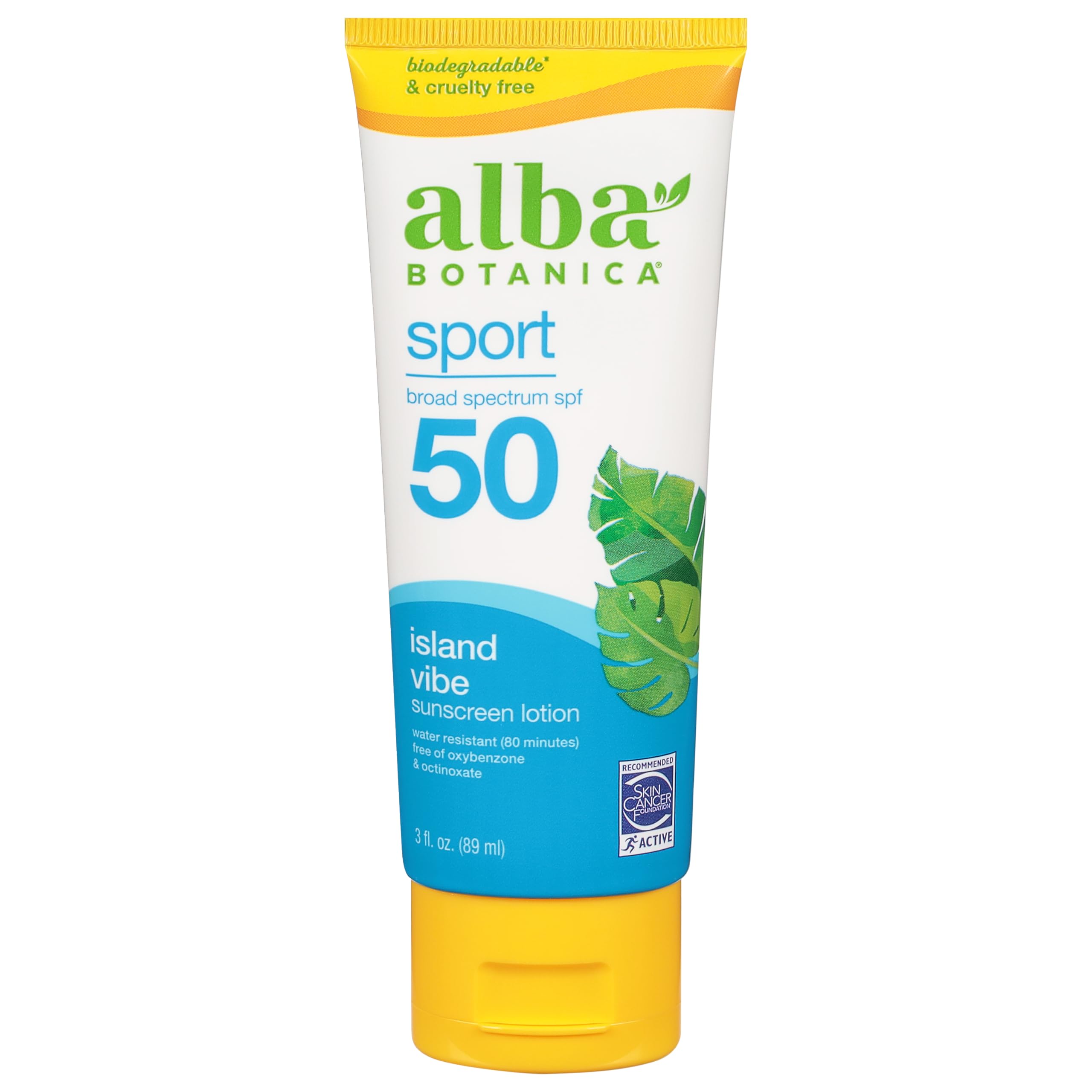 Alba Botanica Sunscreen Sport SPF 50 Island Vibe tube offers lightweight, non-greasy protection.