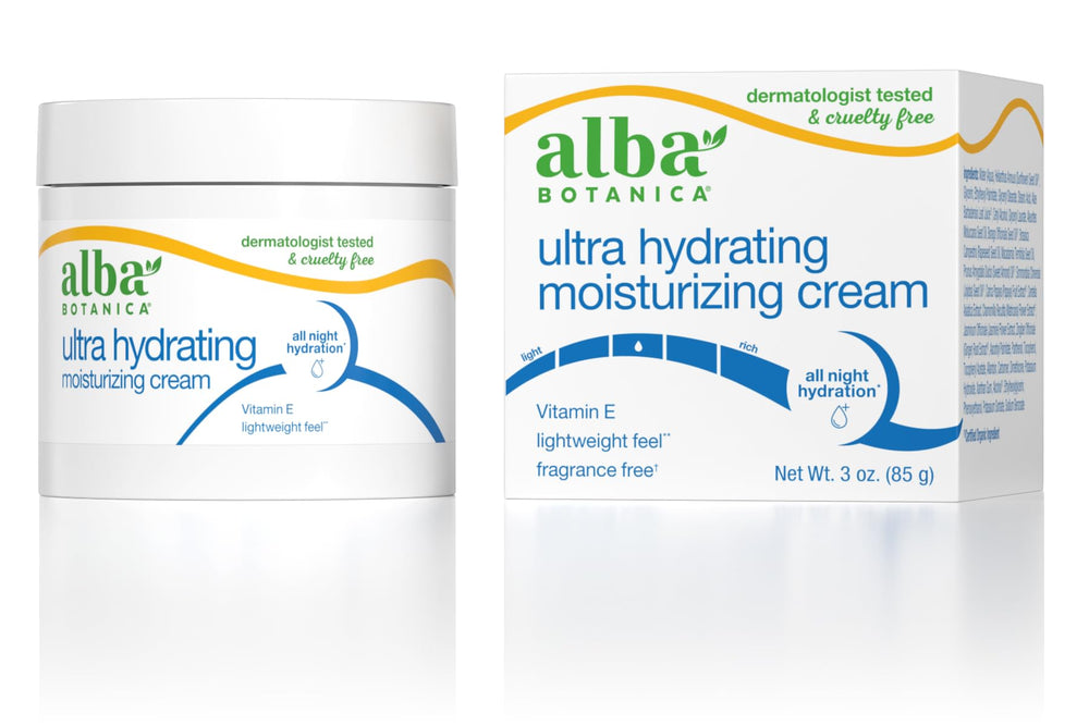 Alba Botanica Ultra Hydrating Cream jar close-up shows fragrance-free formula for sensitive skin