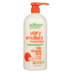 Alba Botanica Very Emollient Body Lotion SPF 15 bottle highlights daily hydration.