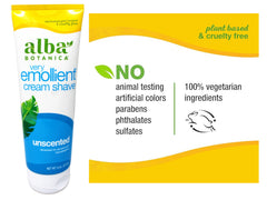 Ingredients panel of Alba Botanica Very Emollient Unscented shave cream