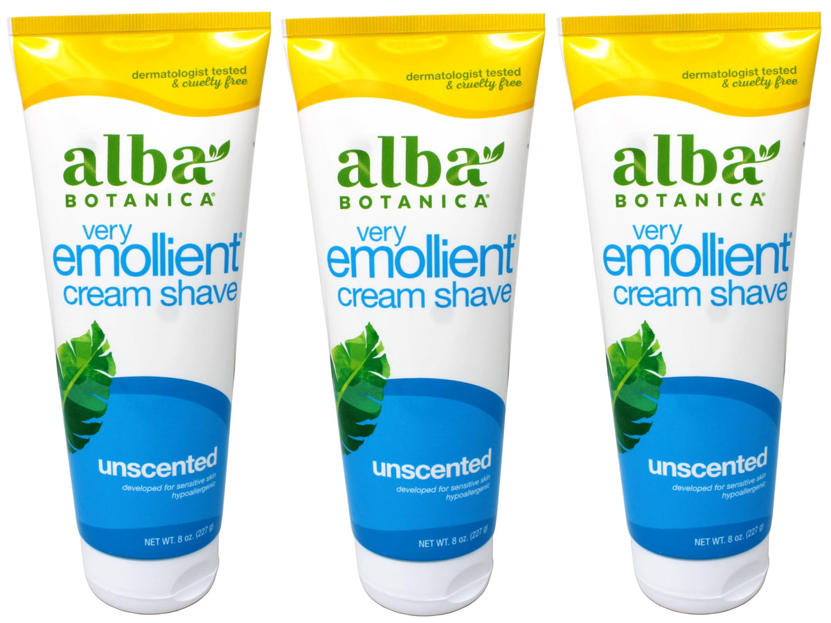 Alba Botanica Very Emollient Unscented cream shave front view, 3-pack, ideal for fragrance-free routines