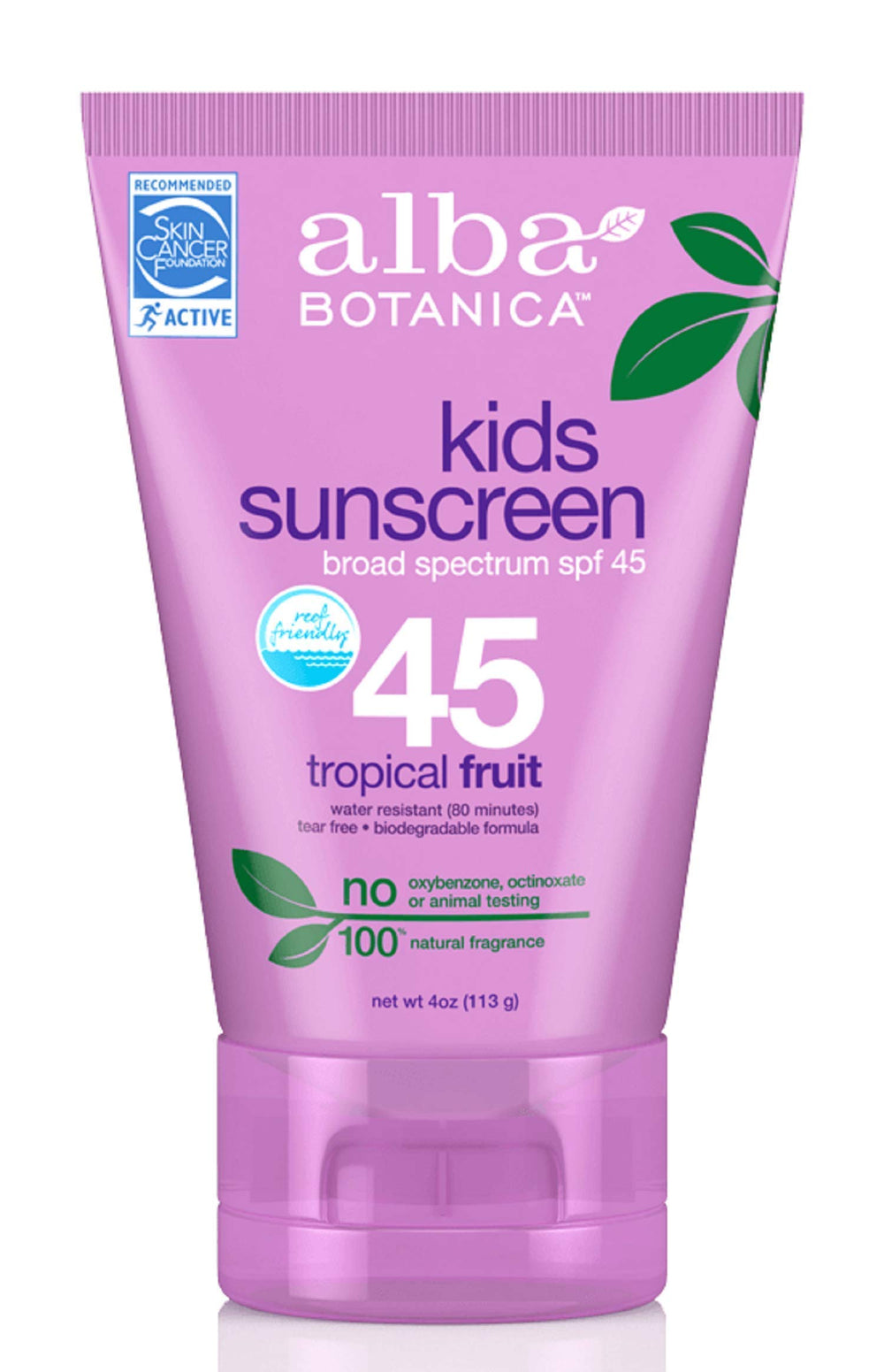 Back view of Alba Botanica sunscreen bottle highlighting tear-free, vegetarian formula for kids.