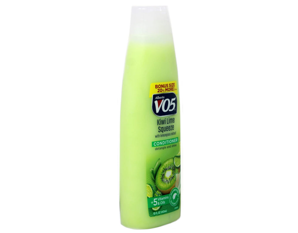 Alberto VO5 Kiwi Conditioner label close-up highlighting vitamins and herbal essences