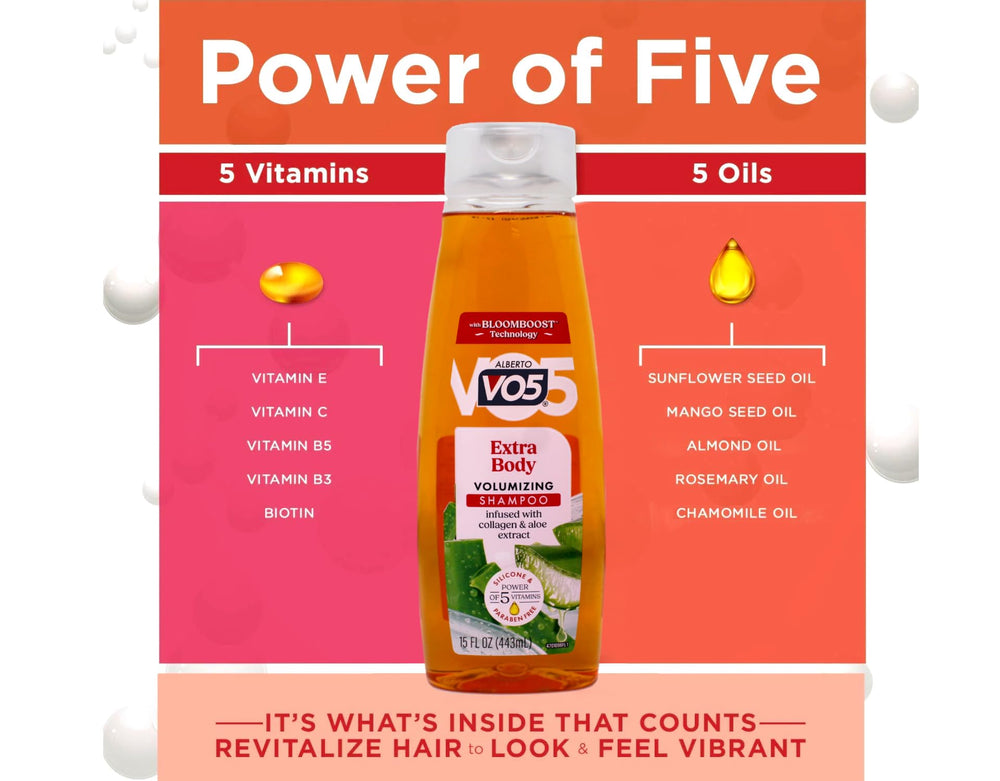 Alberto VO5 label shows 12.5 oz size and volumizing benefits.