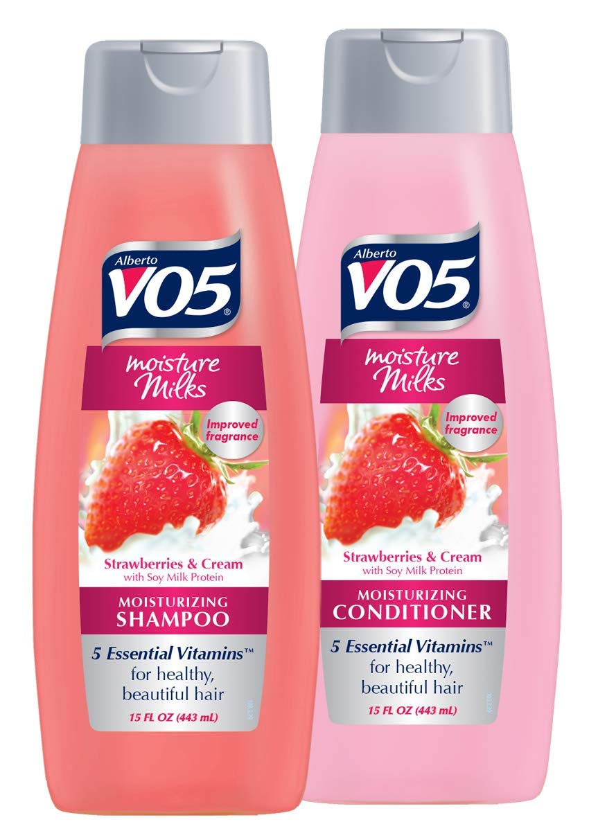 Alberto V05 Strawberries & Cream set pack, moisturizing shampoo and conditioner for soft, manageable hair.