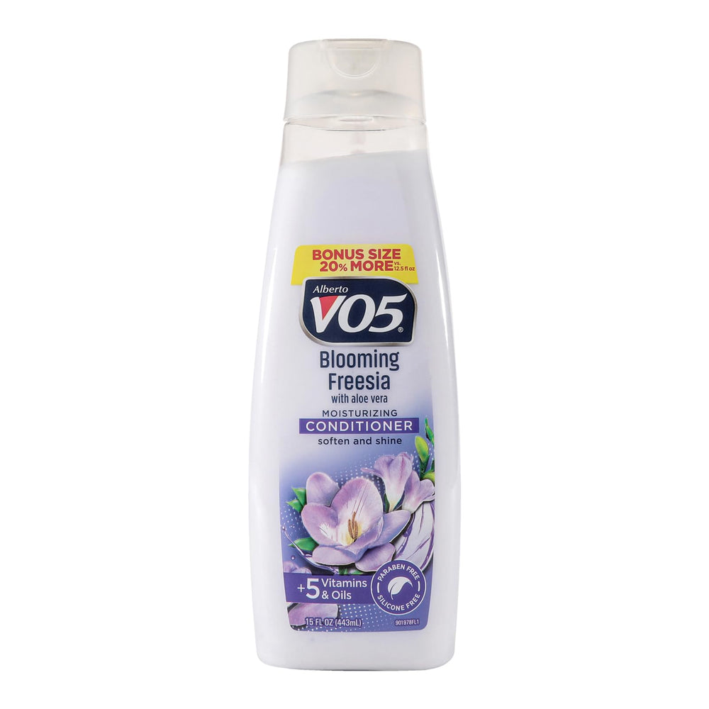 Alberto VO5 Blooming Freesia conditioner bottle showing hydrating formula for silky hair