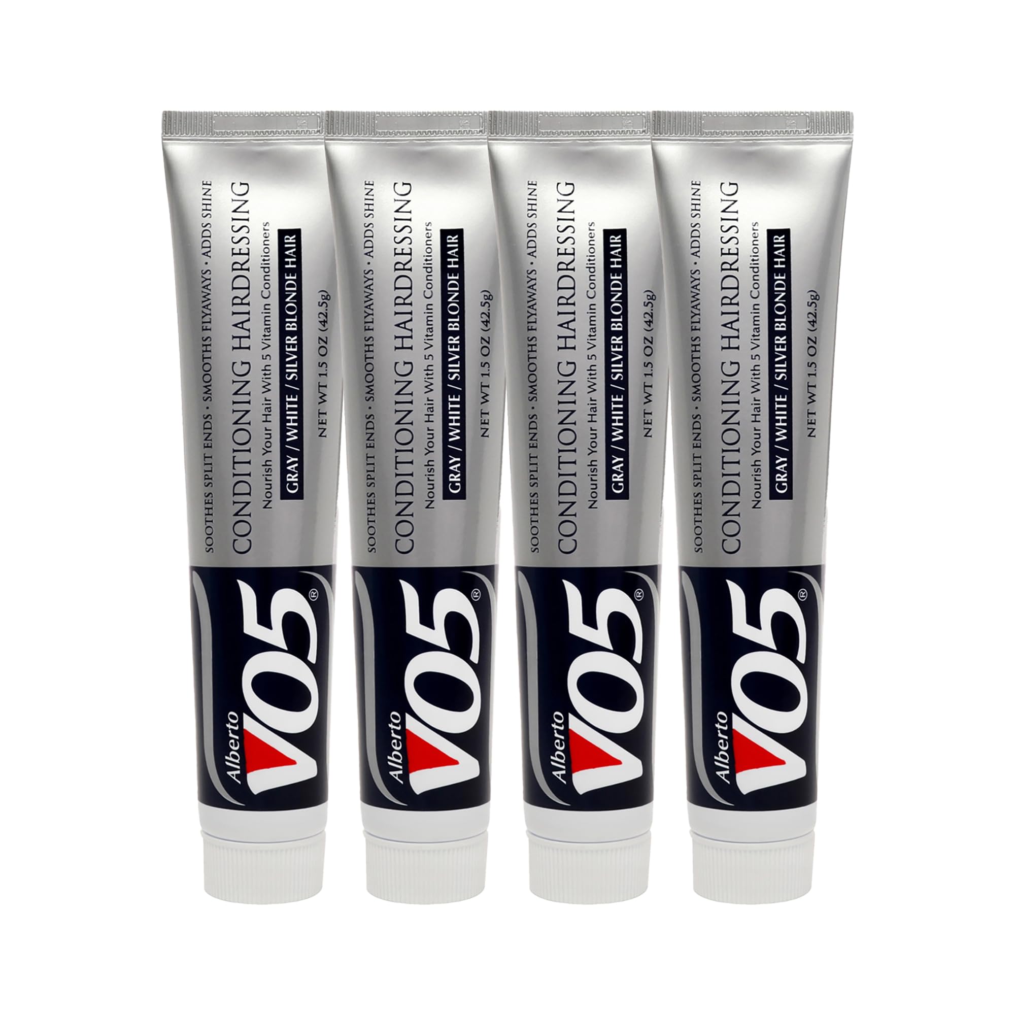 Alberto VO5 Conditioning Hairdressing bottle for grey, white, silver, or blonde hair; smooths frizz and boosts color.