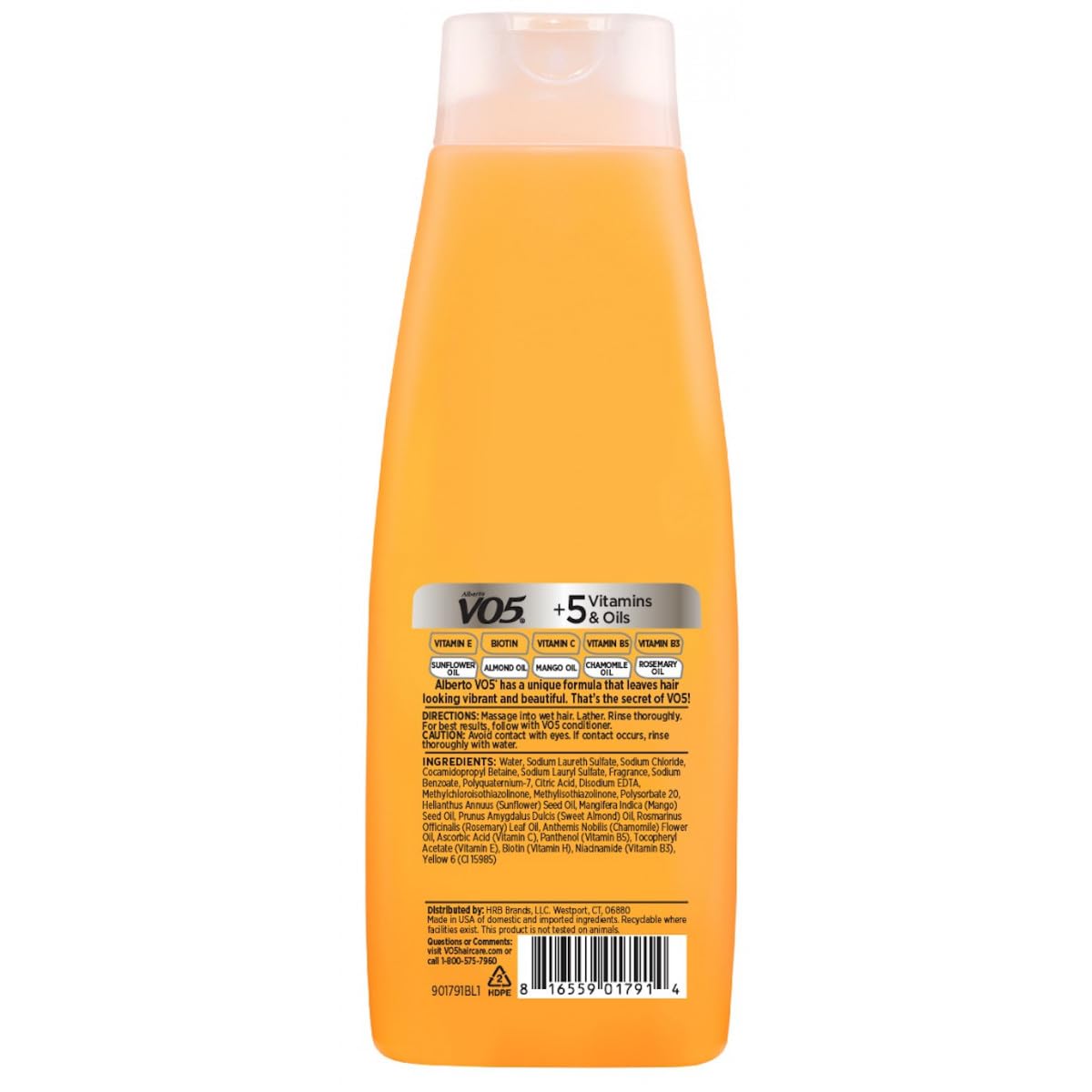 Shampoo bottle label highlights the five essential vitamins in Alberto VO5.