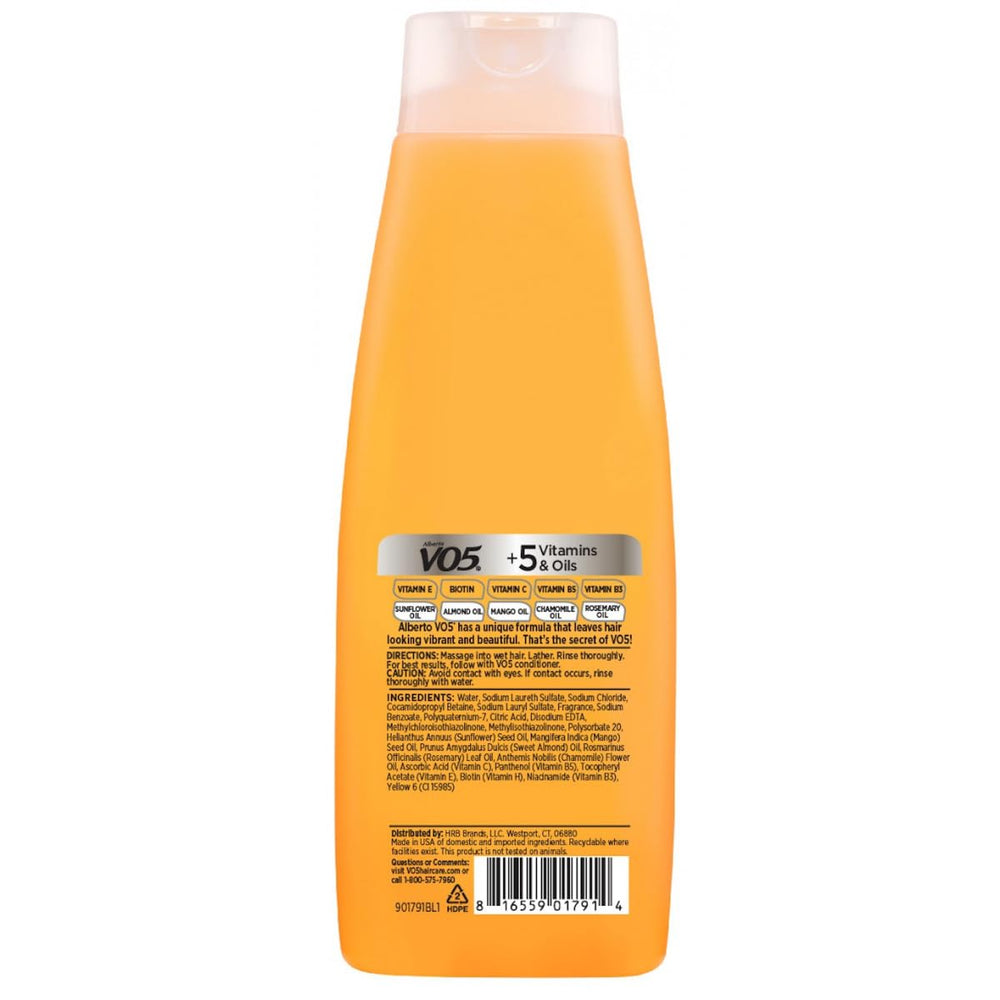 Shampoo bottle label highlights the five essential vitamins in Alberto VO5.