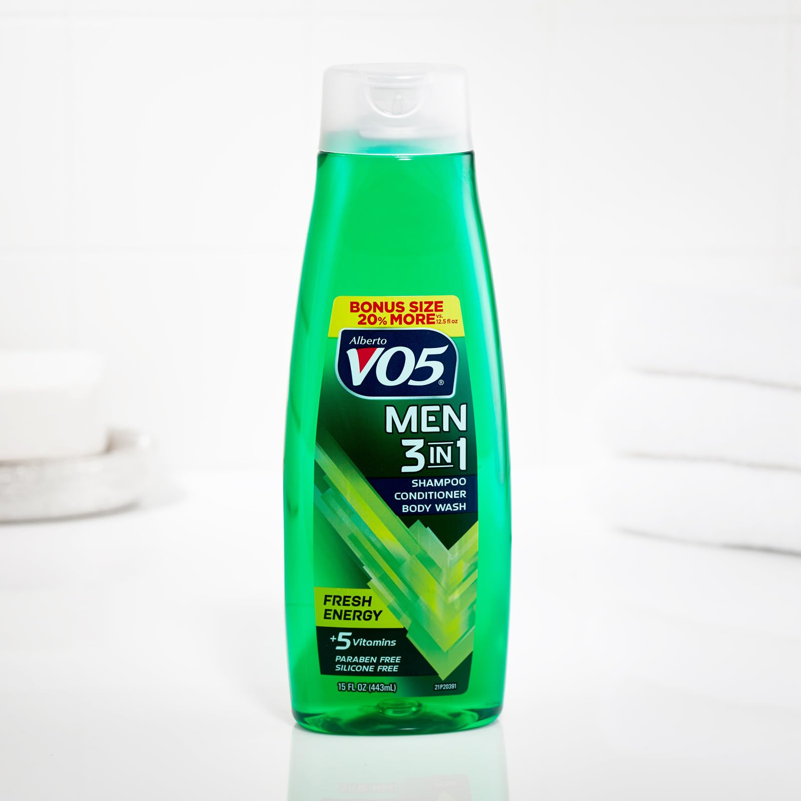 Close-up of Alberto VO5 Fresh Energy fragrance on skin after shower.