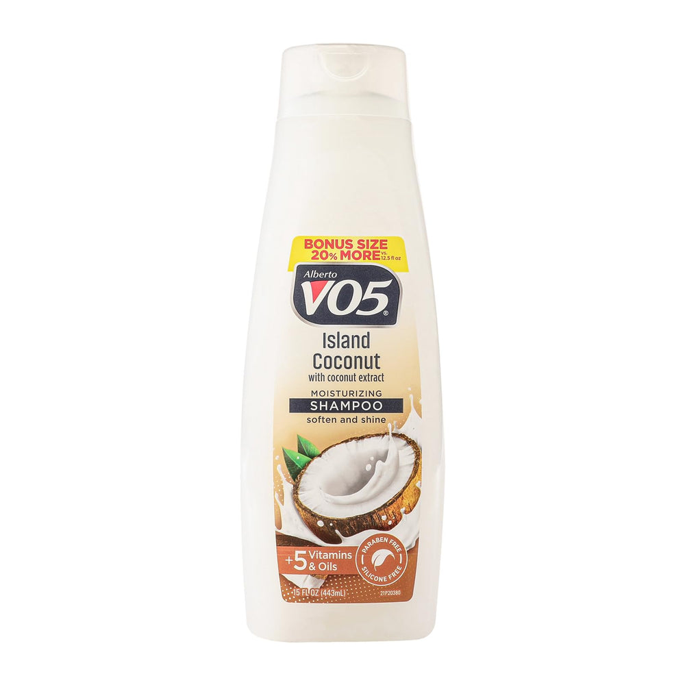 Alberto VO5 Island Coconut Shampoo bottle highlighting lightweight hydration and shine