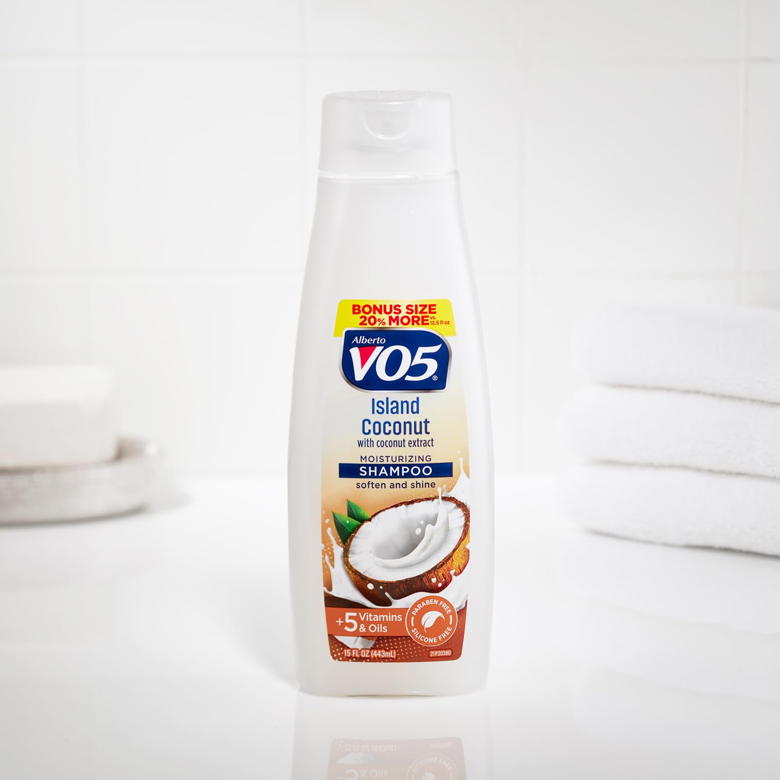 Alberto VO5 Island Coconut Shampoo label shows the five oils and five vitamins