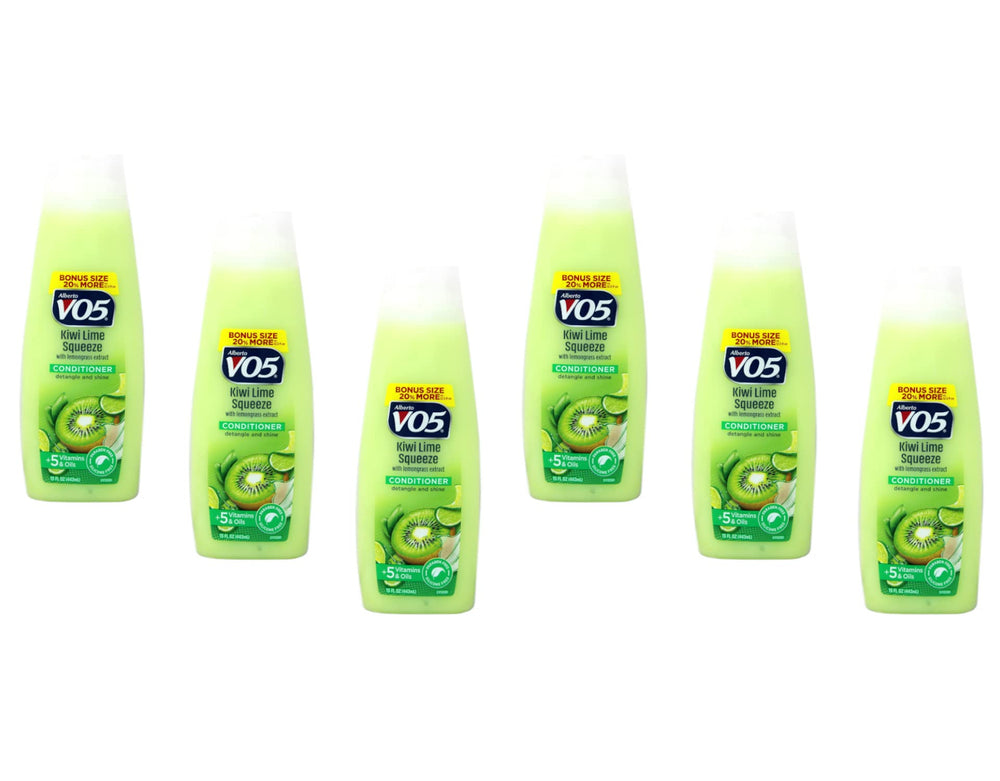 Alberto VO5 Kiwi Lime Squeeze conditioner bottle with refreshing scent for a refreshing shower.