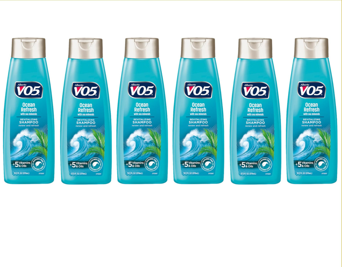 Alberto VO5 Ocean Refresh shampoo bottle highlighting sea minerals for revitalizing cleanse