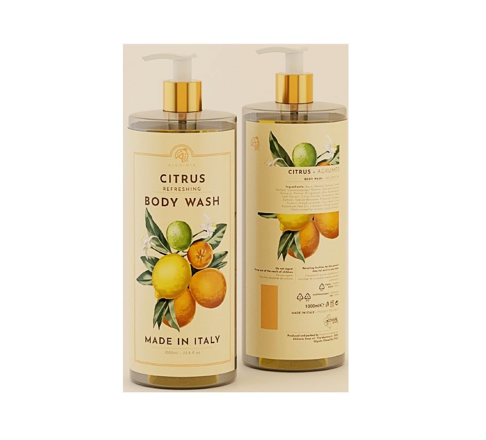Alchimia Citrus Refleshing label closeup highlights premium Italian formula for nourished skin.