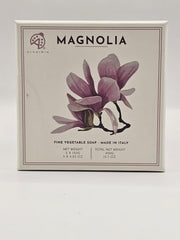 Alchimia Magnolia soap bar closeup highlights creamy texture and magnolia scent.