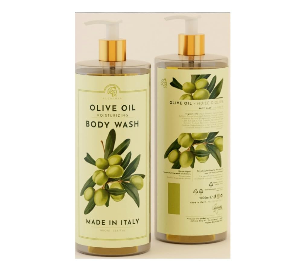Alchimia Olive Oil Moisturizing Body Wash bottle back view showing daily-use benefits