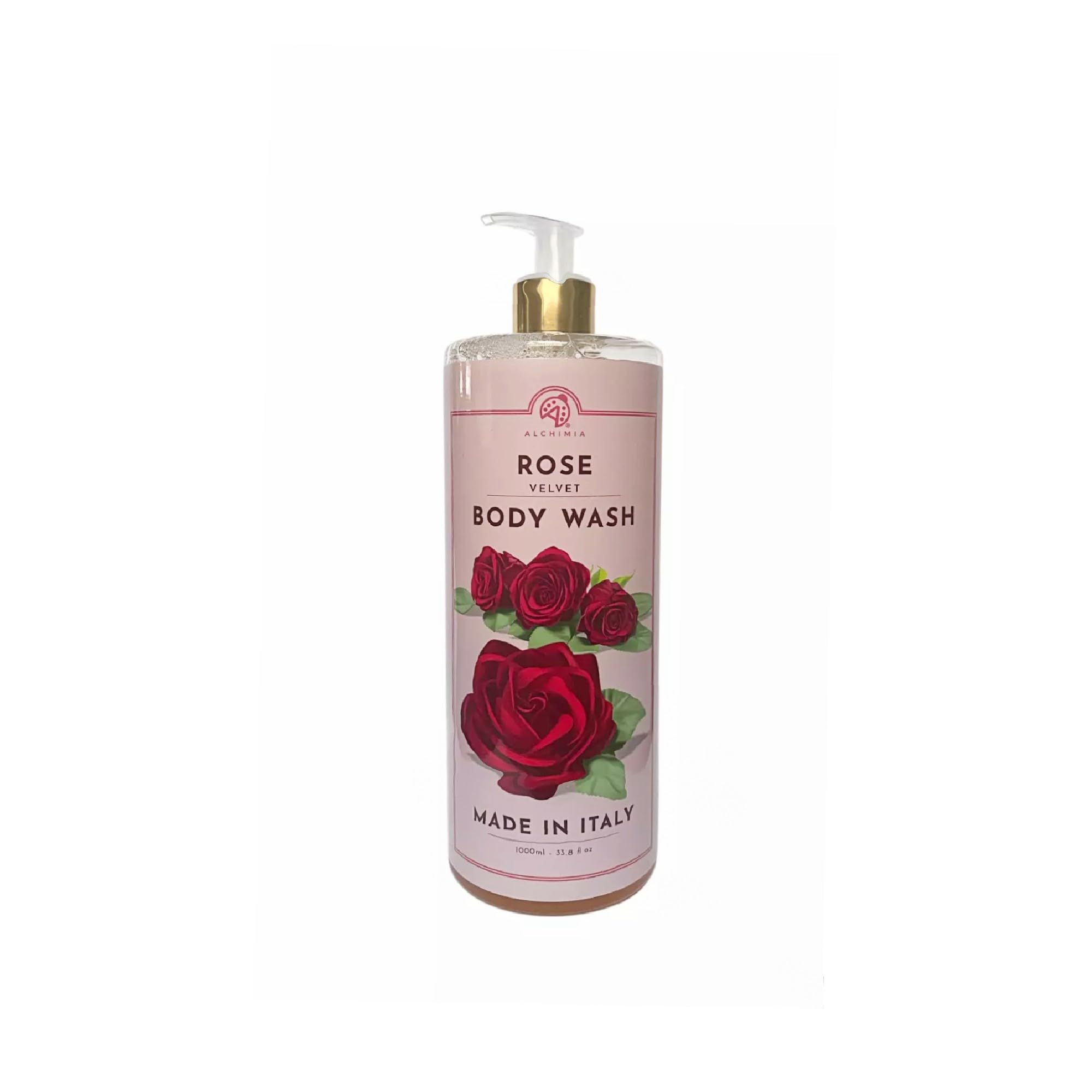 Alchimia Rose moisturizing body wash lather shows rich foam for gentle cleansing.
