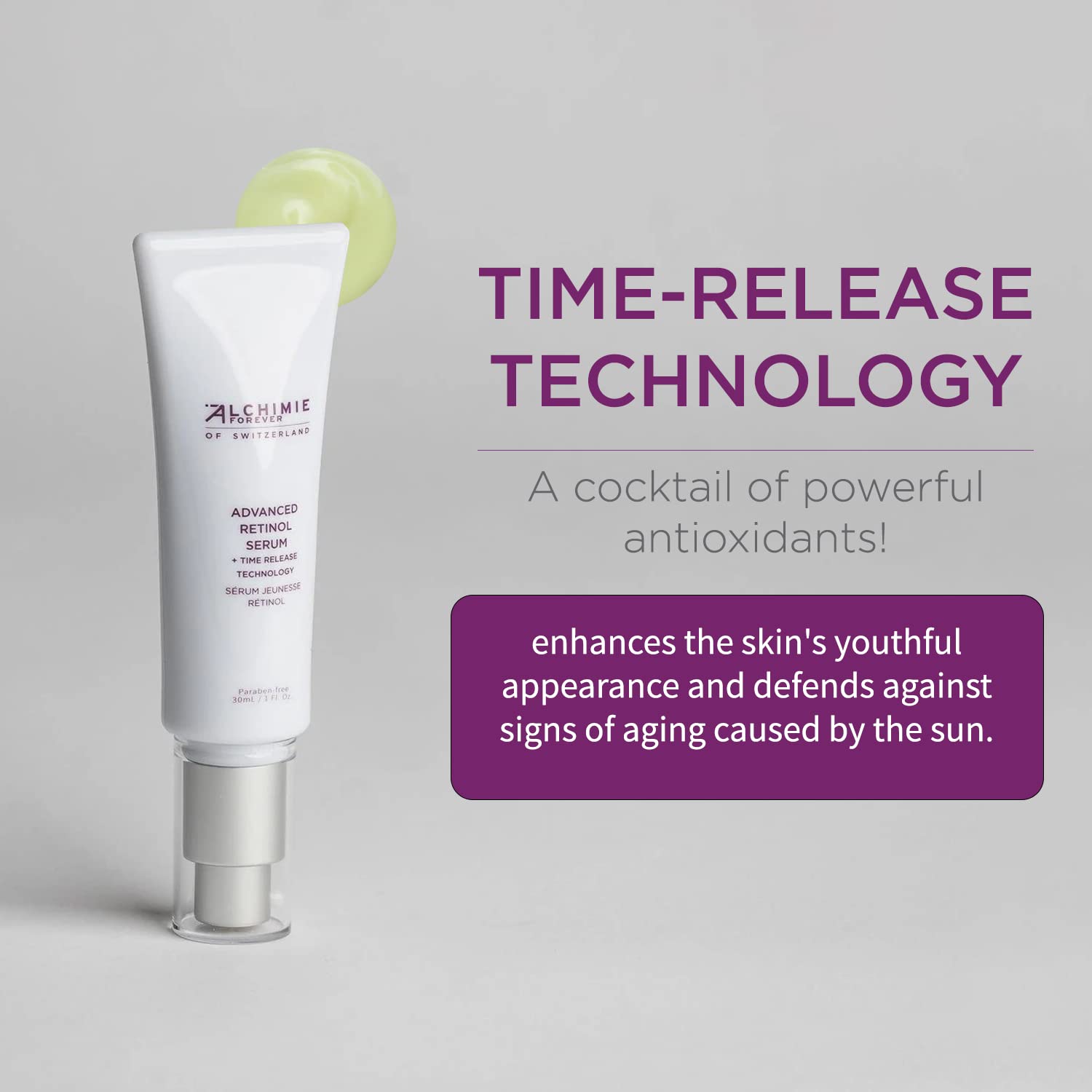 Alchimie Forever retinol serum pump close-up highlighting pea-sized application