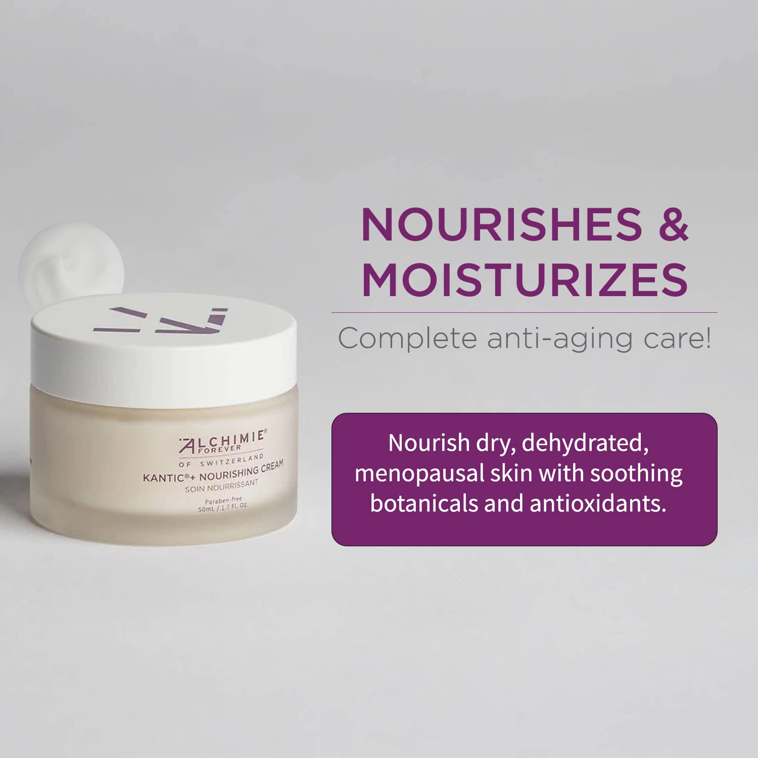 Ingredients highlight blueberries and grape seeds in Alchimie Forever Kantic+ Nourishing Cream for calmer-looking skin