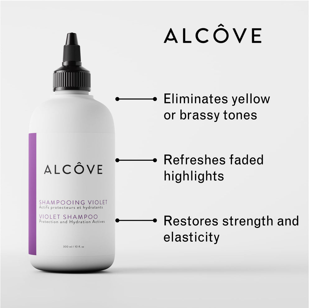 Alcôve Violet Shampoo pour over hair to start brightening cool tones
