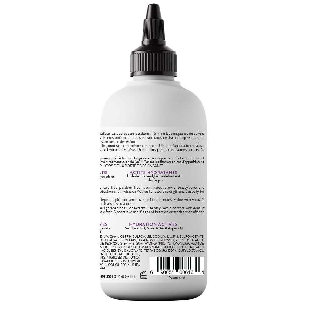 Alcôve Violet Shampoo packaging highlighting Montreal origin and ethical care