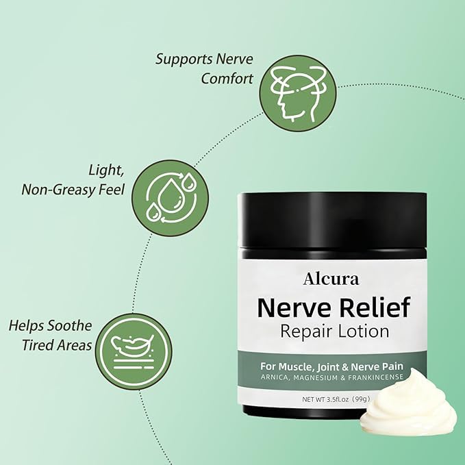 Alcura Nerve Cream ingredient panel shows calendula and magnesium for gentle nourishment.