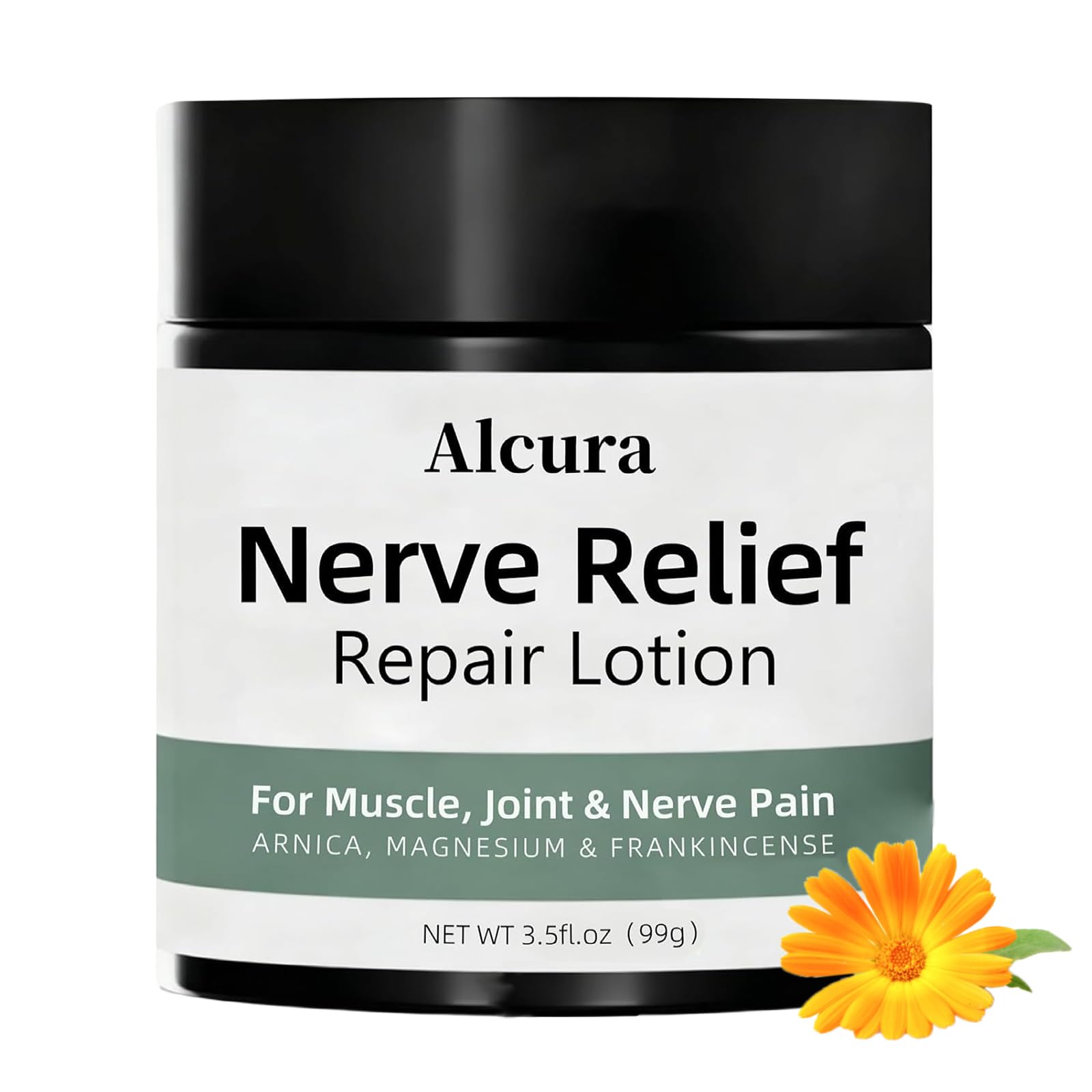Alcura Nerve Cream tub with calendula highlights soothing, velvety daily comfort.