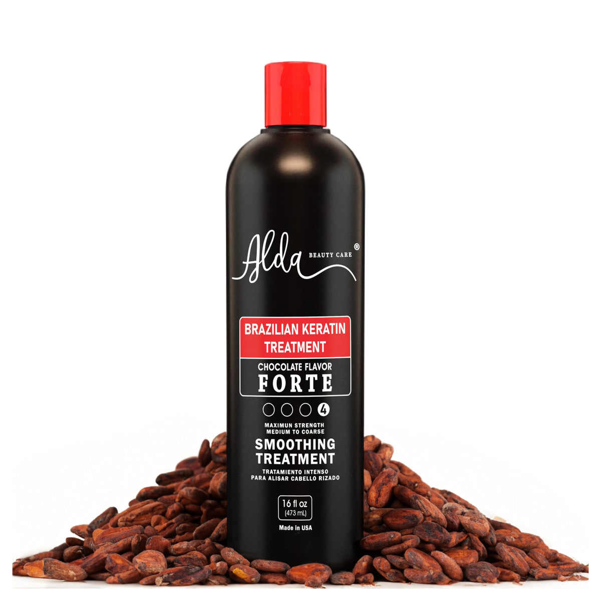 Alda Beauty Care chocolate keratin treatment bottle for smoothing and shine.