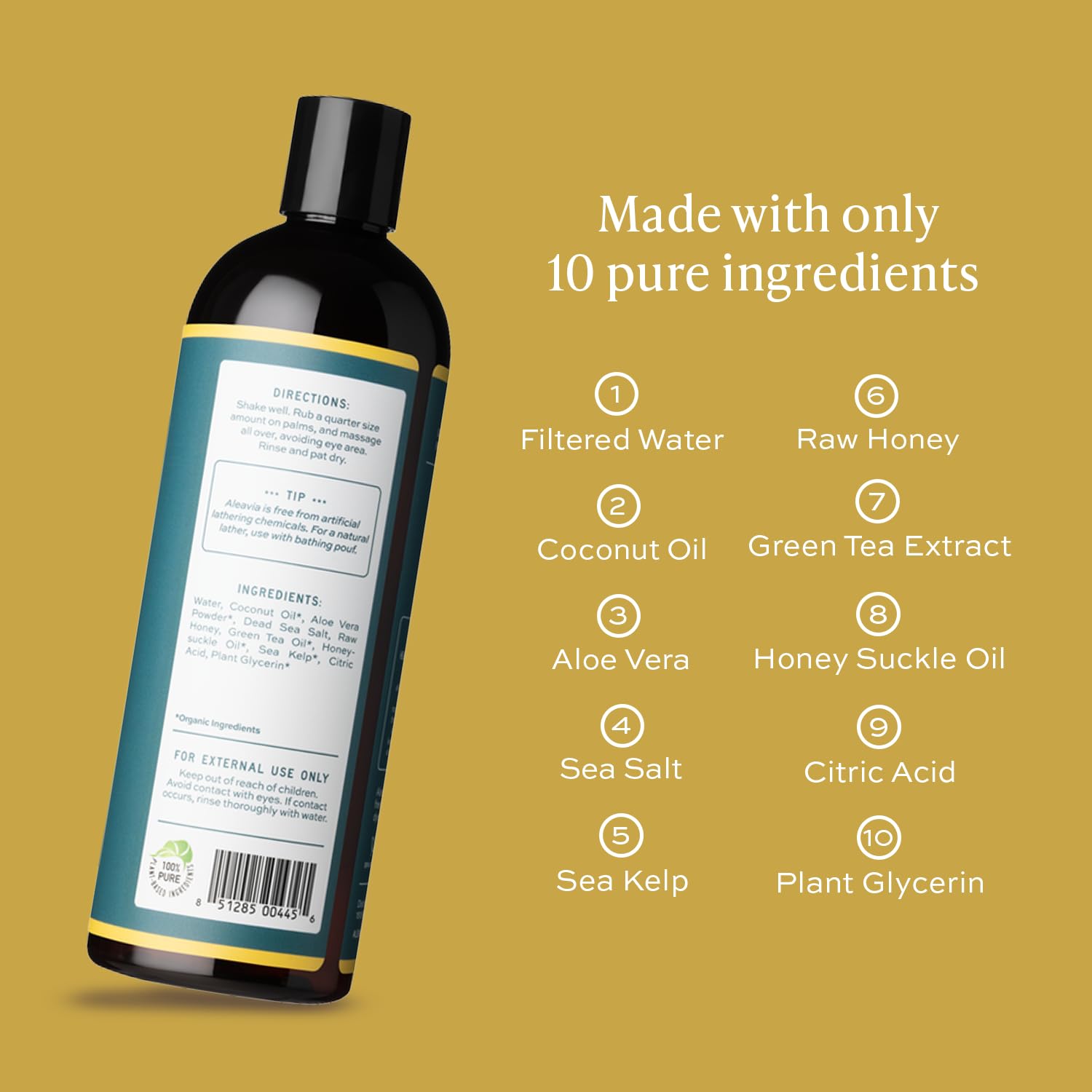 Aleavia Body Cleanse bottle pouring with green tea and honeysuckle blend for nourished skin.