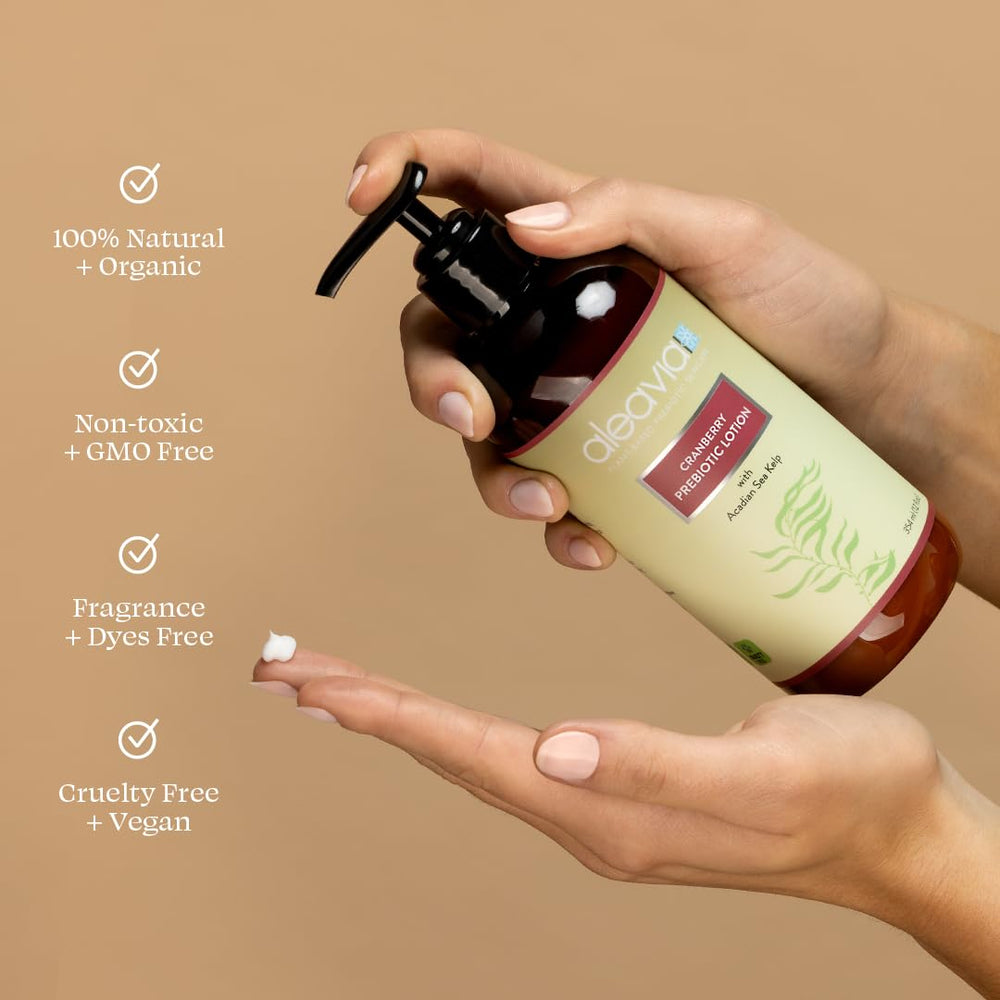 Aleavia Cranberry Prebiotic Lotion ingredients list featuring cranberry oil and sea kelp.