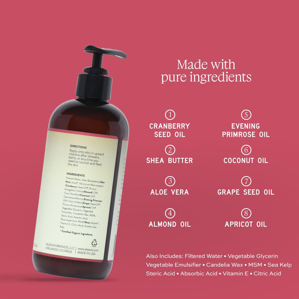 Aleavia Cranberry Prebiotic Lotion texture close-up showing rich, nourishing cream.