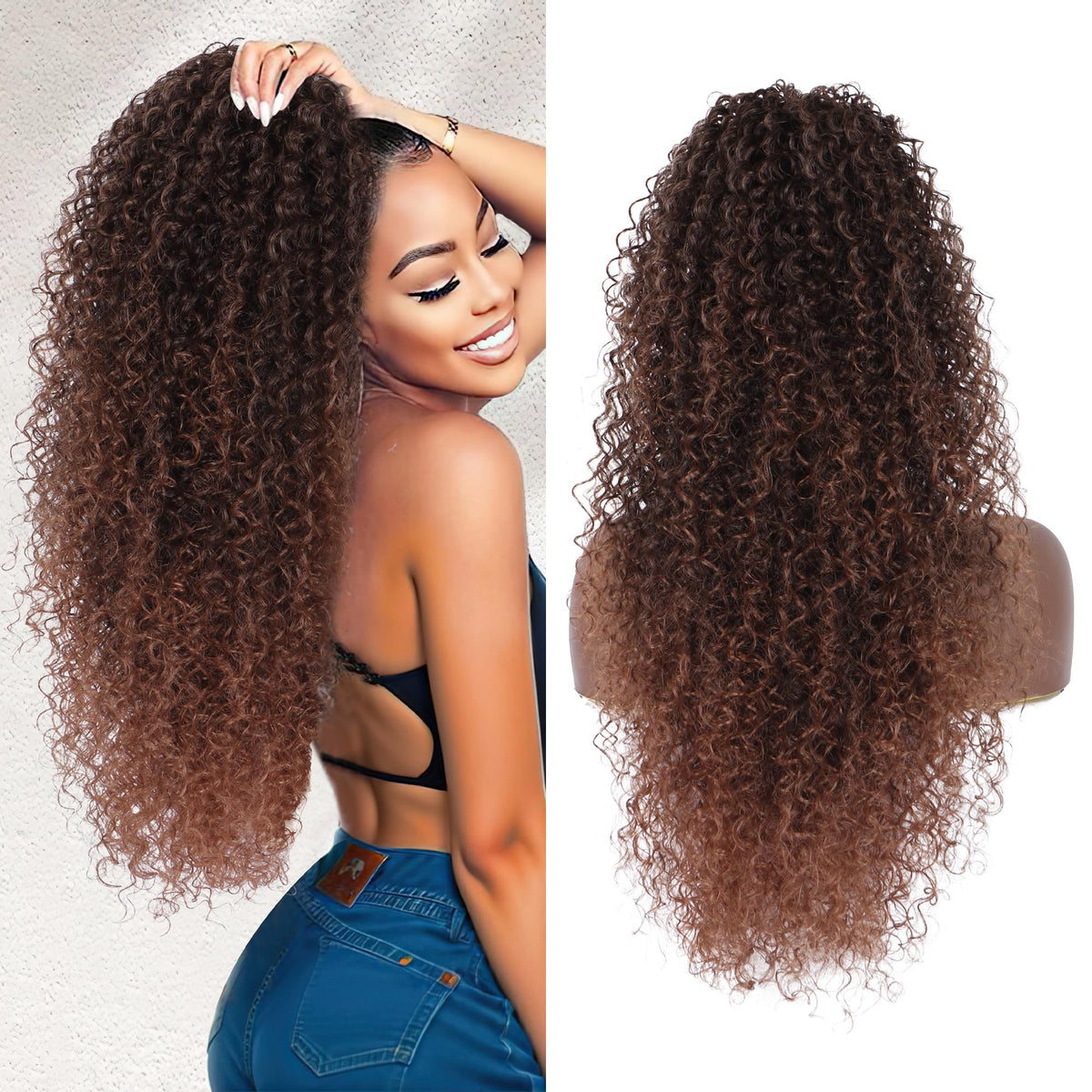 Alebery 27-inch drawstring ponytail deep curly brown for effortless daily styling.