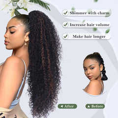 Alebery deep curly pony tail with brown highlight adds authentic texture.