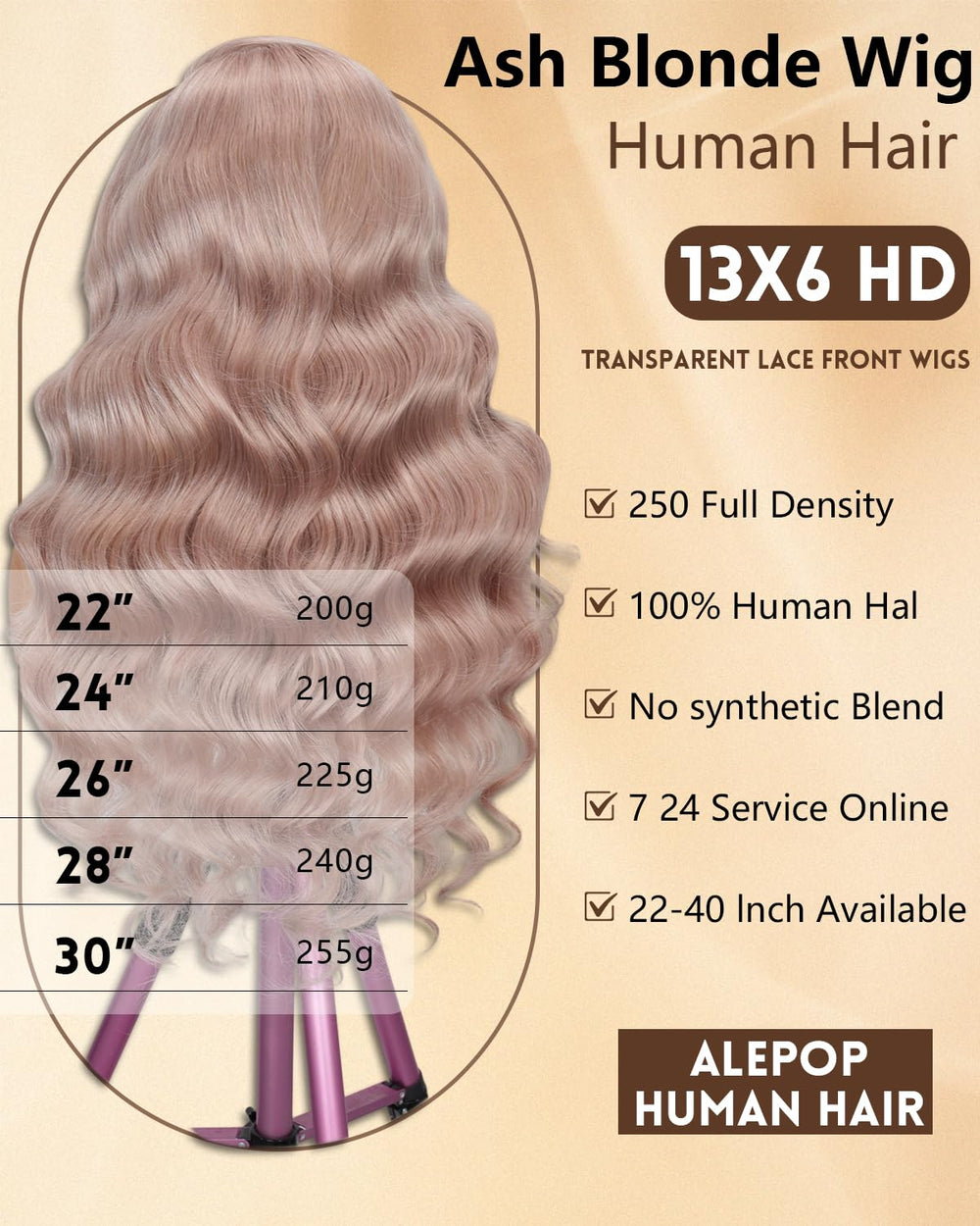 Alepop ash blonde wig made from 100% human hair for premium feel