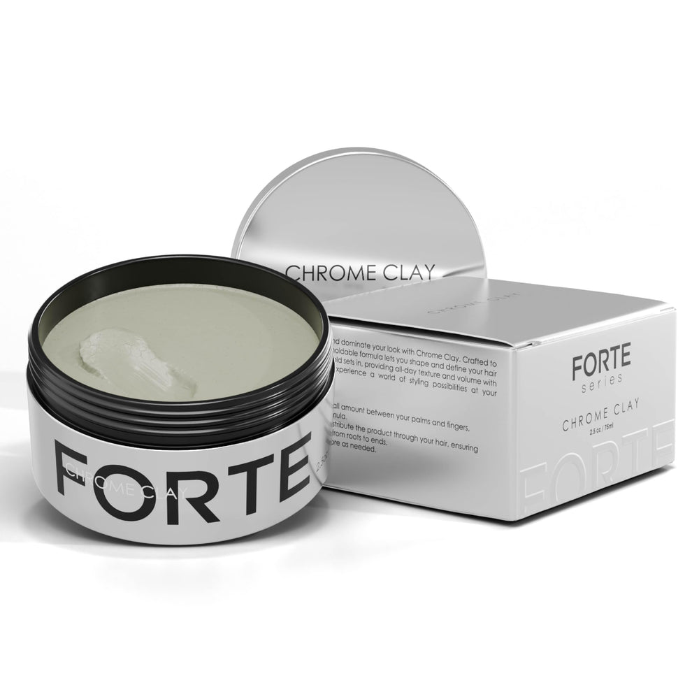 Alex Costa Chrome Clay Forte bottle showing strong hold and matte finish.