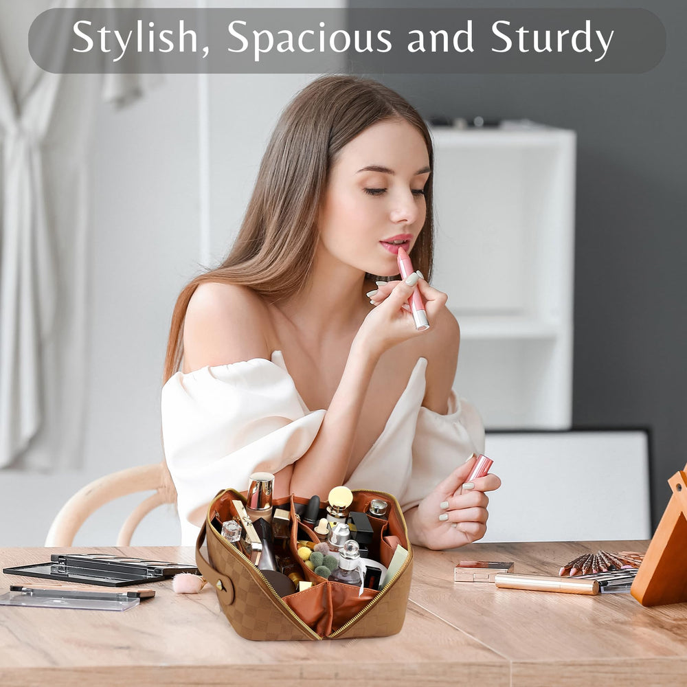 ALEXTINA checkered outside lining adds durable, stylish detail to your cosmetic bag.