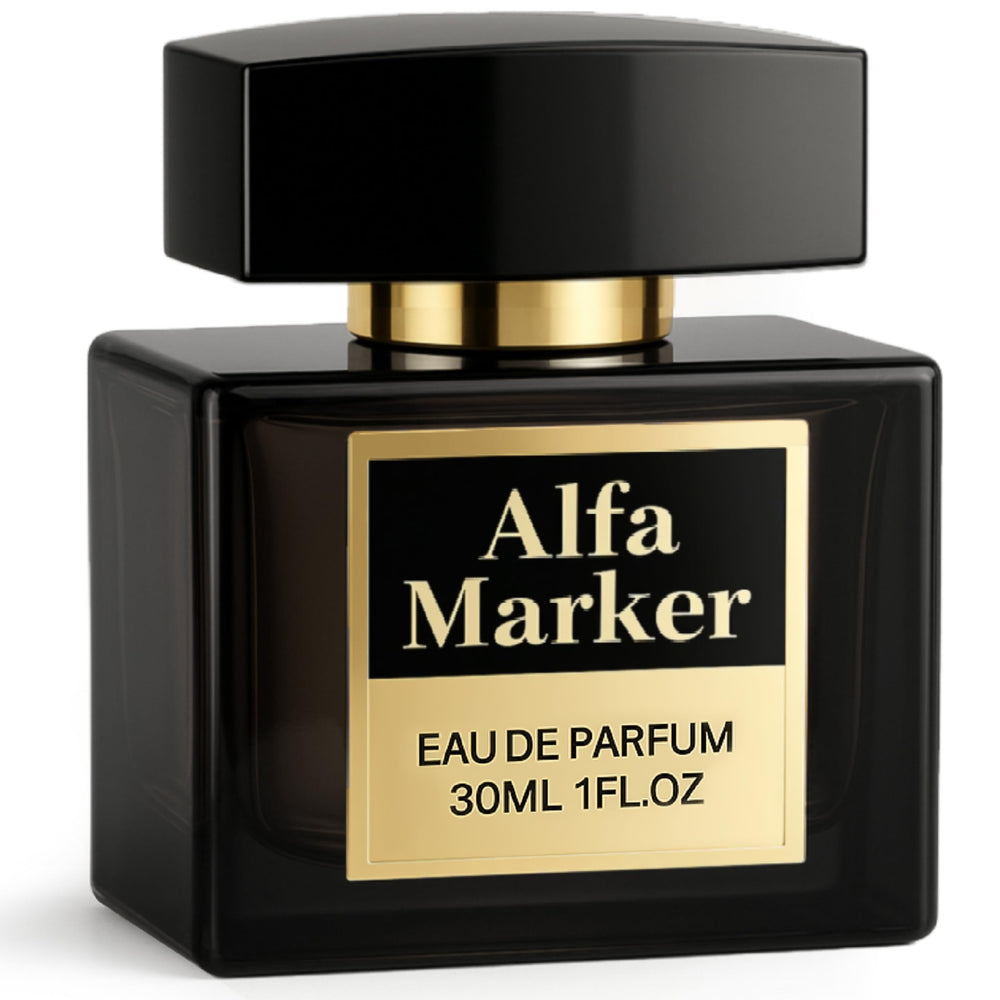 ALFAMARKER Cologne for Men bottle close-up highlights pheromone-infused scent.