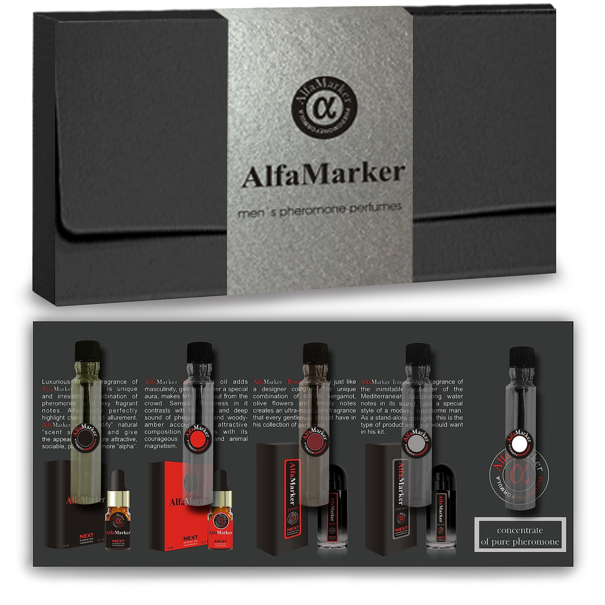 ALFAMARKER cologne pheromone five-pack bottle close-up highlights lasting fragrance