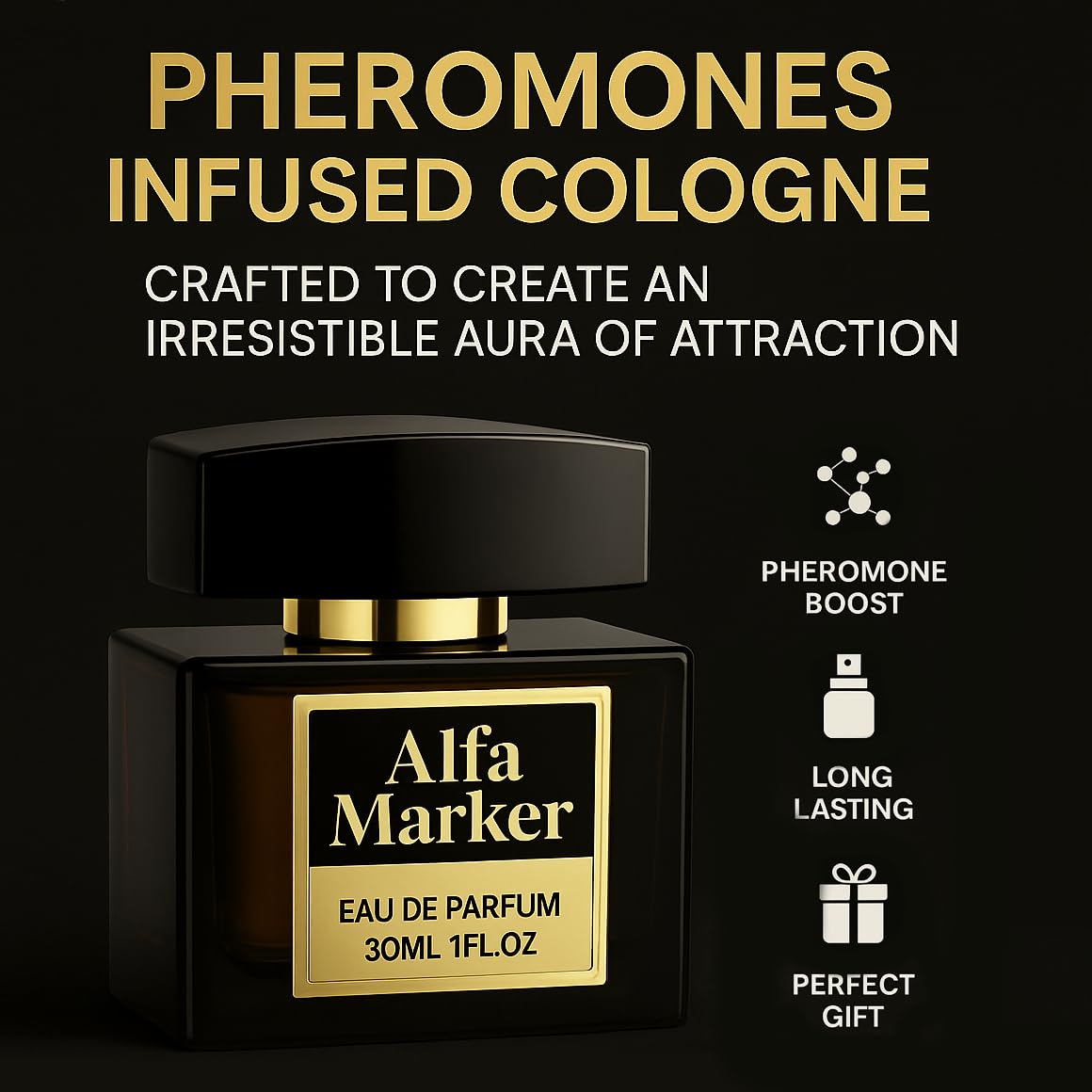 ALFAMARKER Cologne on wrists and neck for magnetic presence.