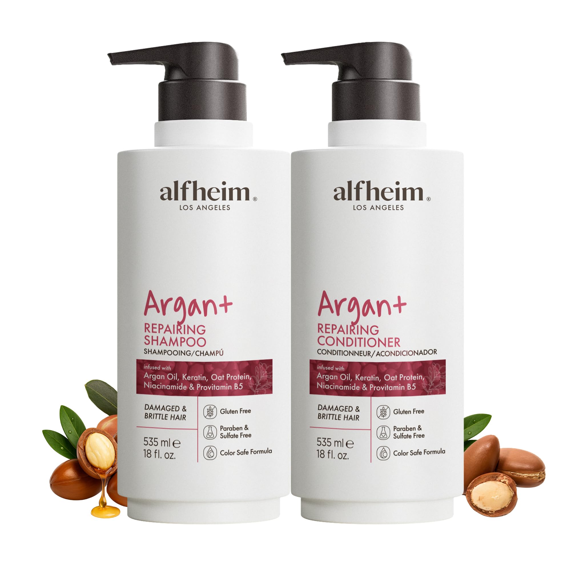 ALFHEIM Argan+ Repairing shampoo bottle for deep hydration and frizz control.